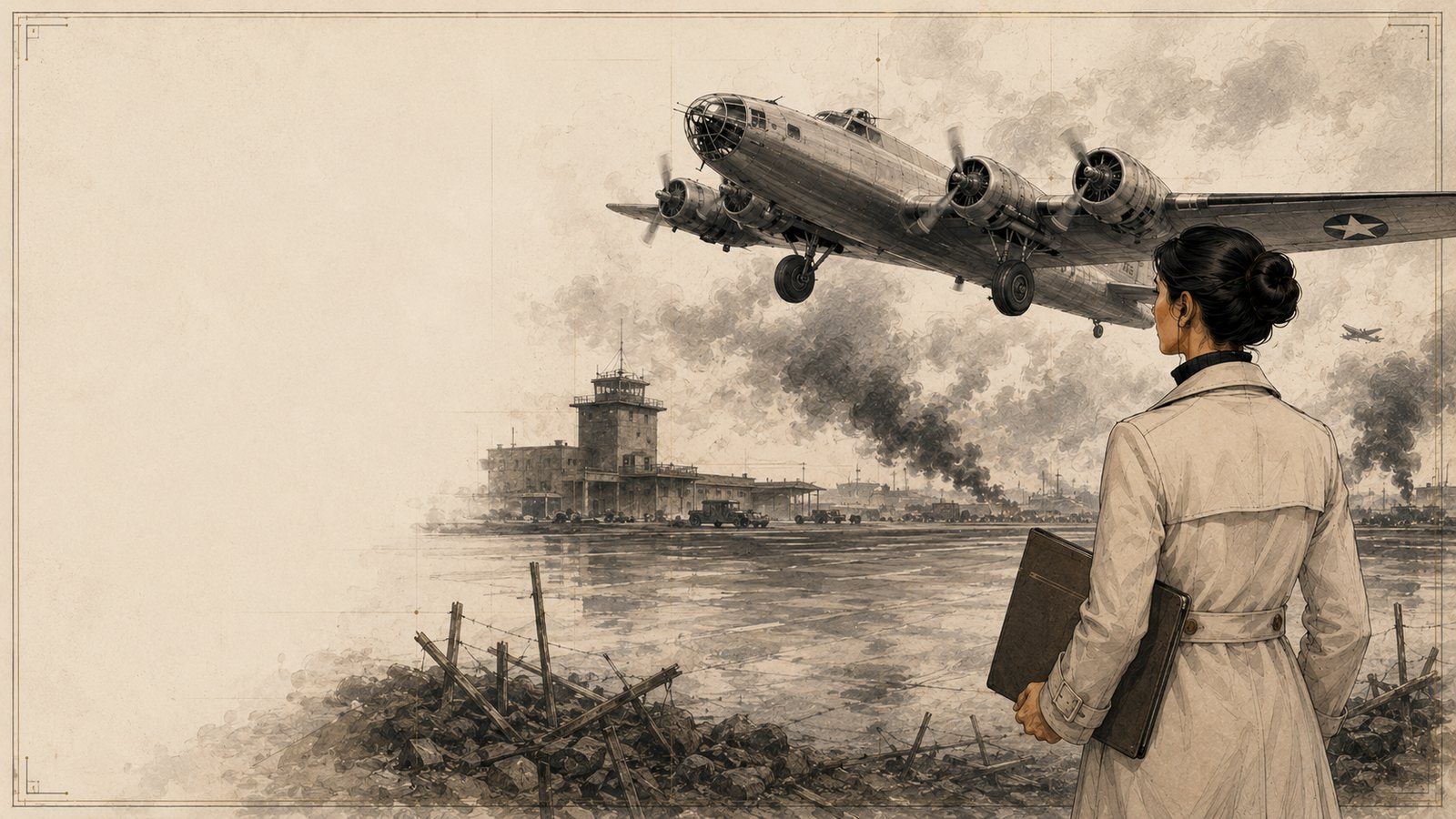Boeing Model 299 (B-17) lyfter från Wright Field, 1935; en operatör ser på — husets Orchestrator.